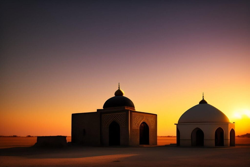 mosque-desert-with-sun-setting