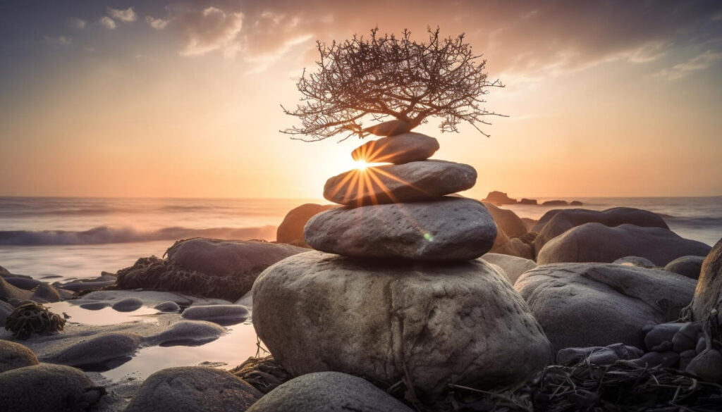 stacked-stones-reflect-tranquility-coastline-generated-by-ai-