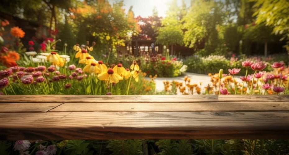 empty-wooden-table-flowers-garden-blurred-background
