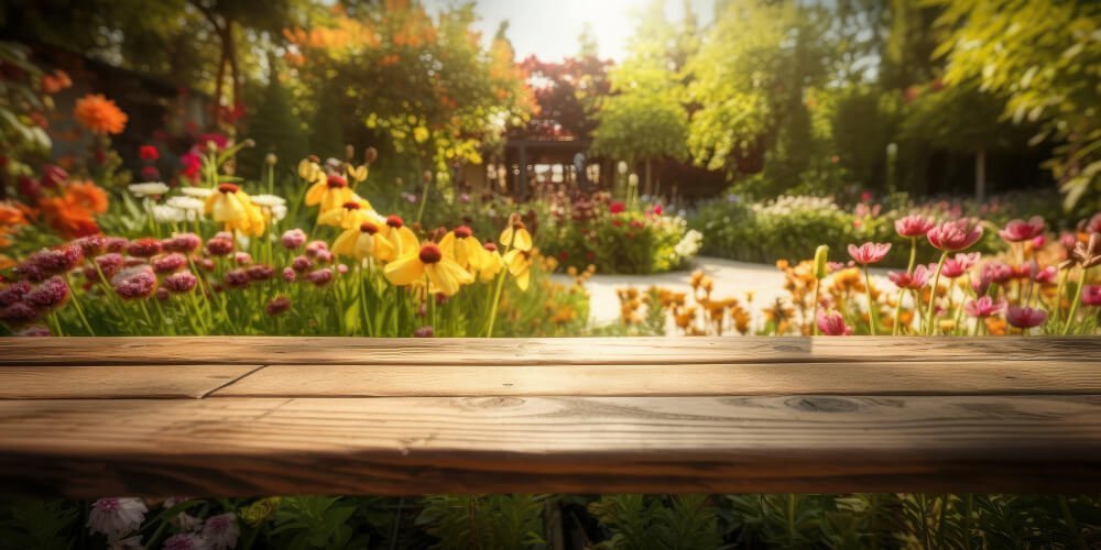 empty-wooden-table-flowers-garden-blurred-background