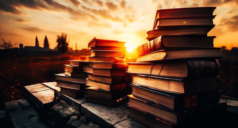 stack-books-with-sun-setting