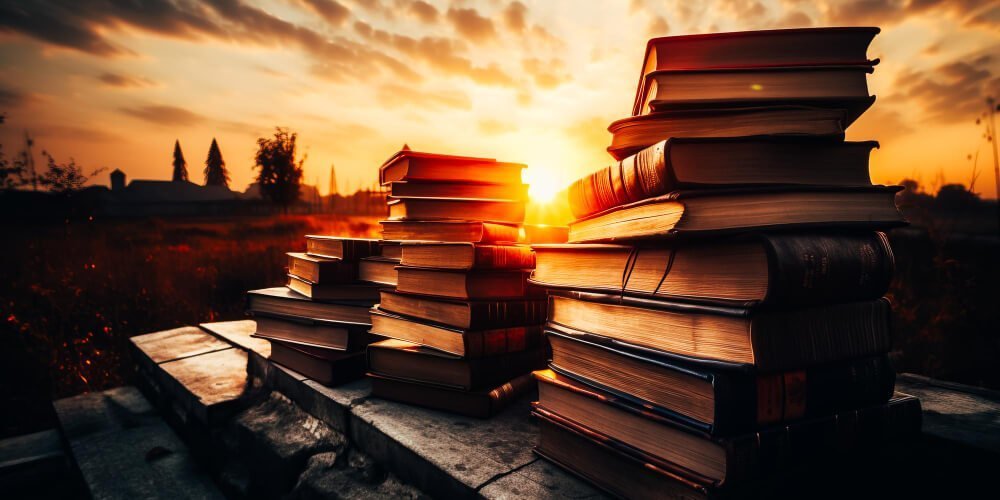 stack-books-with-sun-setting