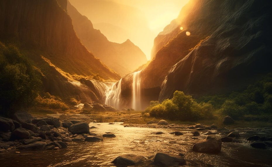 waterfall-mountains-with-sun-setting-it