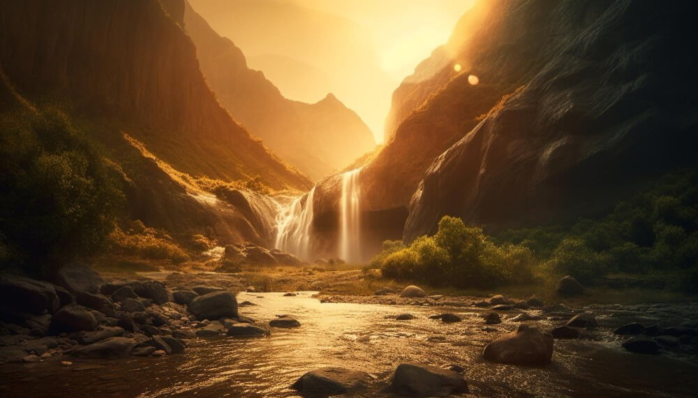 waterfall-mountains-with-sun-setting-it