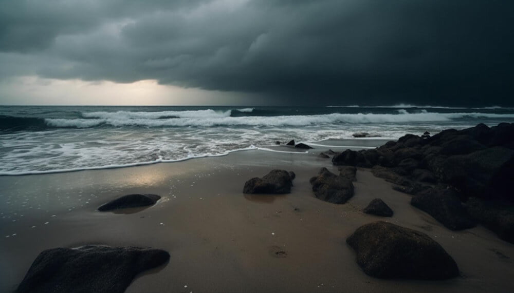 breaking-waves-crash-against-rocky-coastline-dusk-generated-by-ai