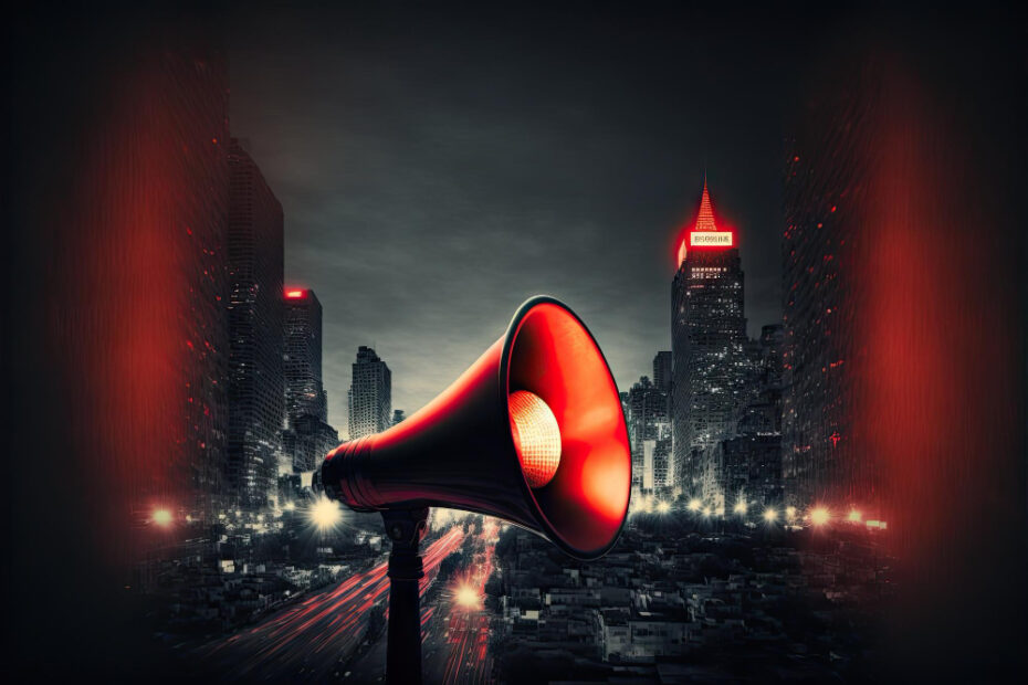 glowing-red-megaphone-with-blurred-dark-cityscape-background-created-with-generative-ai