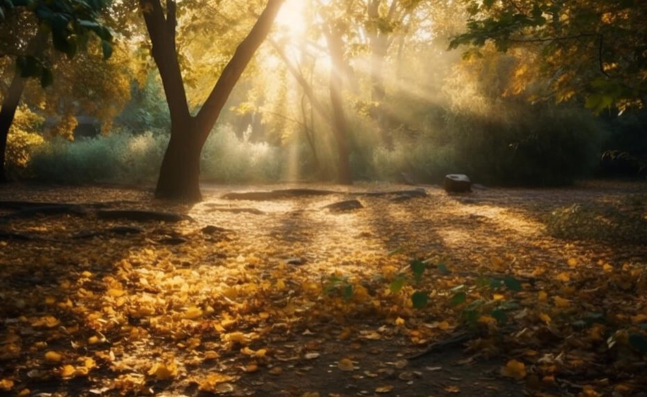 golden-leaves-adorn-tranquil-forest-autumn-generated-by-ai