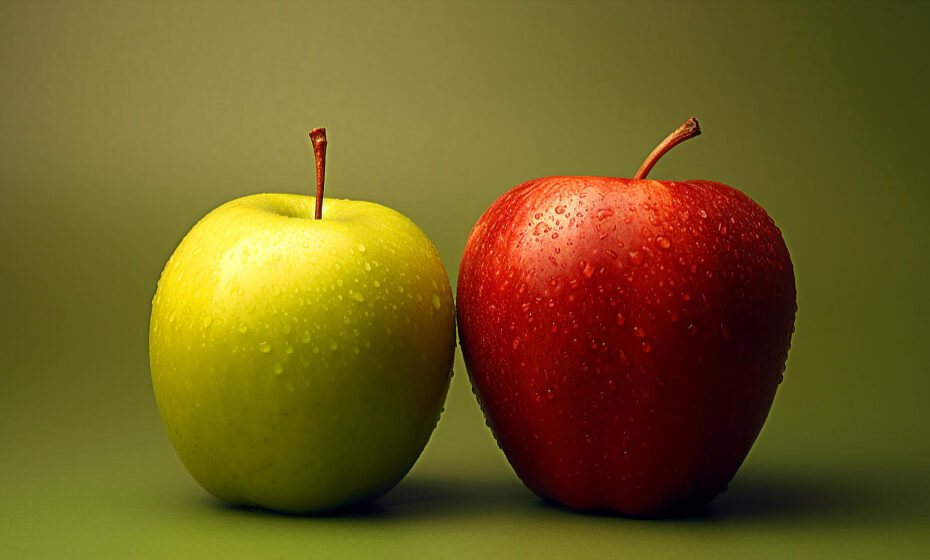 green-apple-red-apple-are-sitting-side-by-side-green-background
