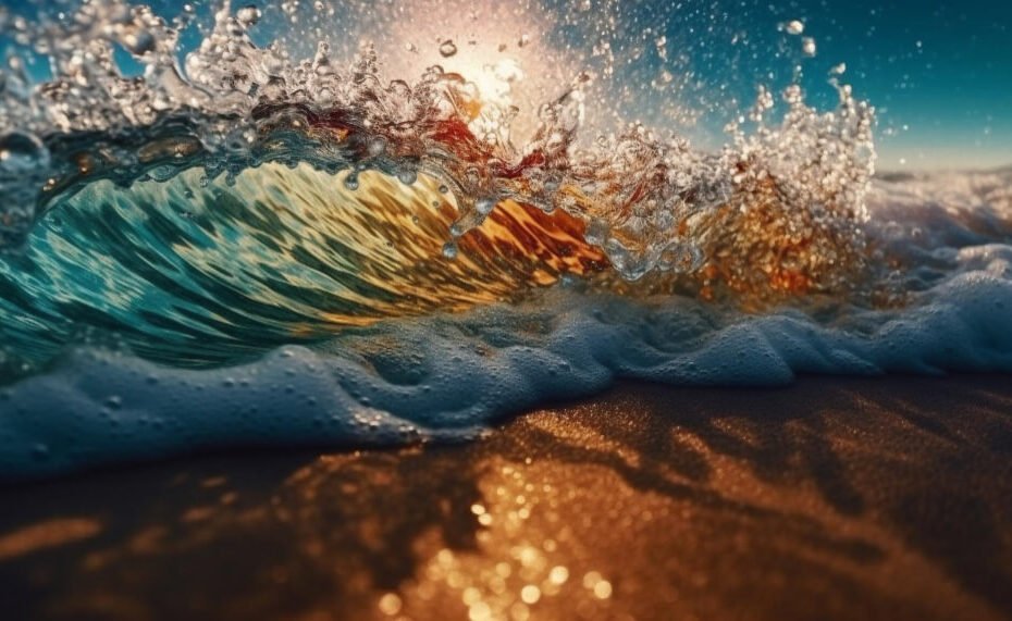 splashing-waves-reflect-sunlight-wet-sand-generated-by-ai