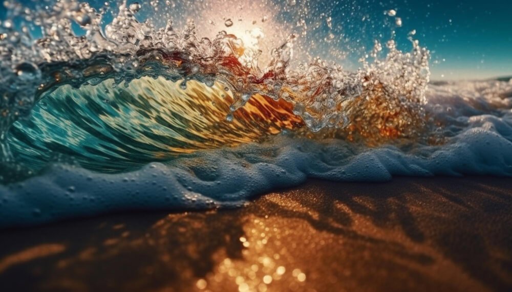 splashing-waves-reflect-sunlight-wet-sand-generated-by-ai