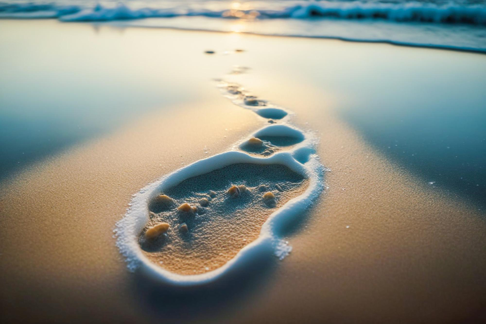 foot-print-sand-beach-with-sun-setting